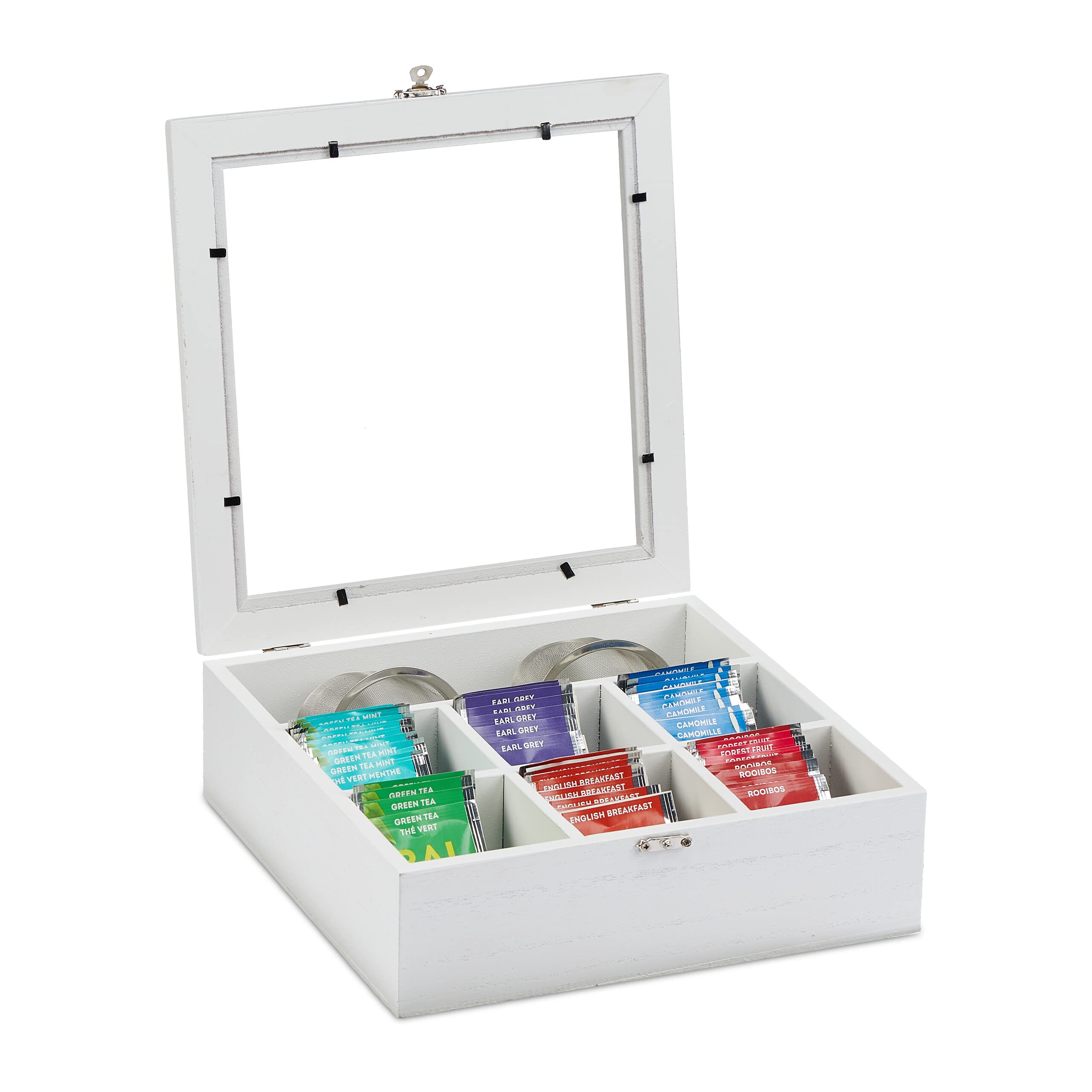 Relaxdays Wooden Tea Box, 7 Compartments, 100 Teabags, Hinged Lid, Flavour-Preserving, 8 x 25 x 25.5 cm, White