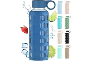 purifyou Premium 40/32/22/12 oz Borosilicate Glass Water Bottles with Volume & Time Marking, Silicone Sleeve & Stainless Steel Lid Insert, Water Bottle for Fridge Water, Juice (12oz Chinese Porcelain)