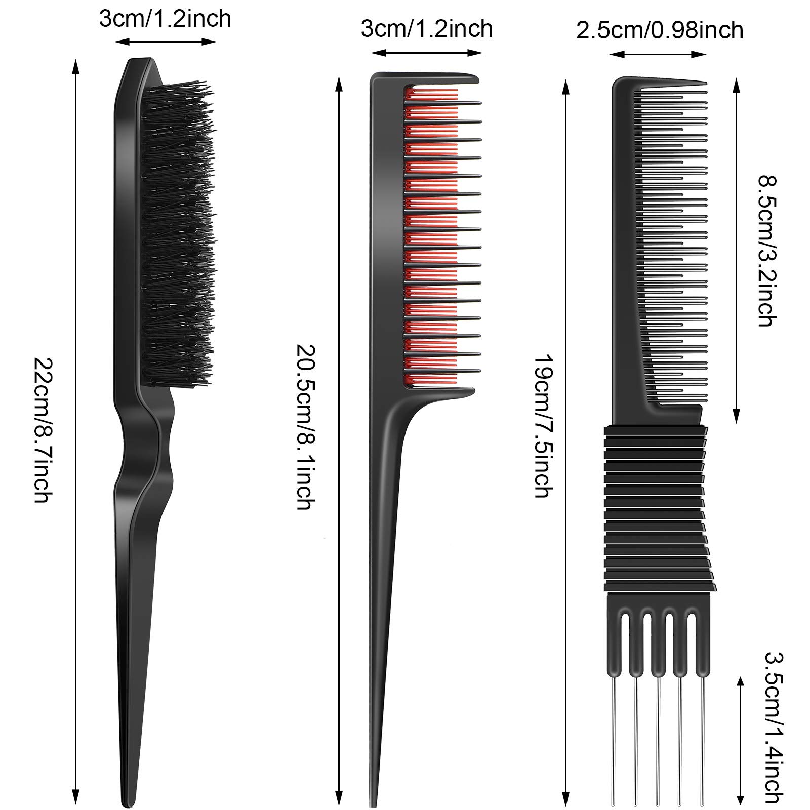 3 Pieces Pick Teasing Combs Hair Brush Set Includes Black Carbon Lift with Metal Prong, Triple Pin Rat Tail Comb, Nylon Bristle Hair Brush for Women(Black and Red)