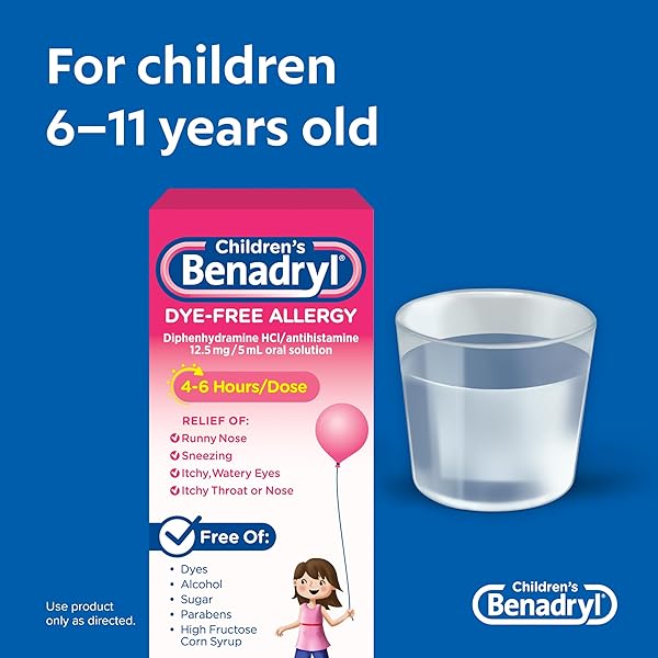 BENADRYL CHILDREN’S DYE-FREE ALLERGY RELIEF LIQUID, ALLERGY MEDICINE FOR KIDS, 12.5 MG DIPHENHYDRAMINE HCL ANTIHISTAMINE, RELIEVES RUNNY NOSE & SNEEZING, PARABEN-FREE, BUBBLE GUM FLAVOR, 8 FL.