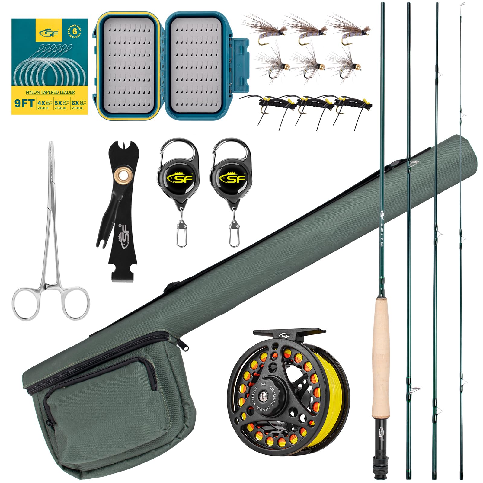 Photo 1 of SF Fly Fishing Rod Combo Starter Kit 4 Piece 5WT 9FT Emerald Green 24T Carbon Fiber Trout Fly Rod with Reel, Rod case, Fly Box with Flies, Tapered Leader, Knot Tying Tools