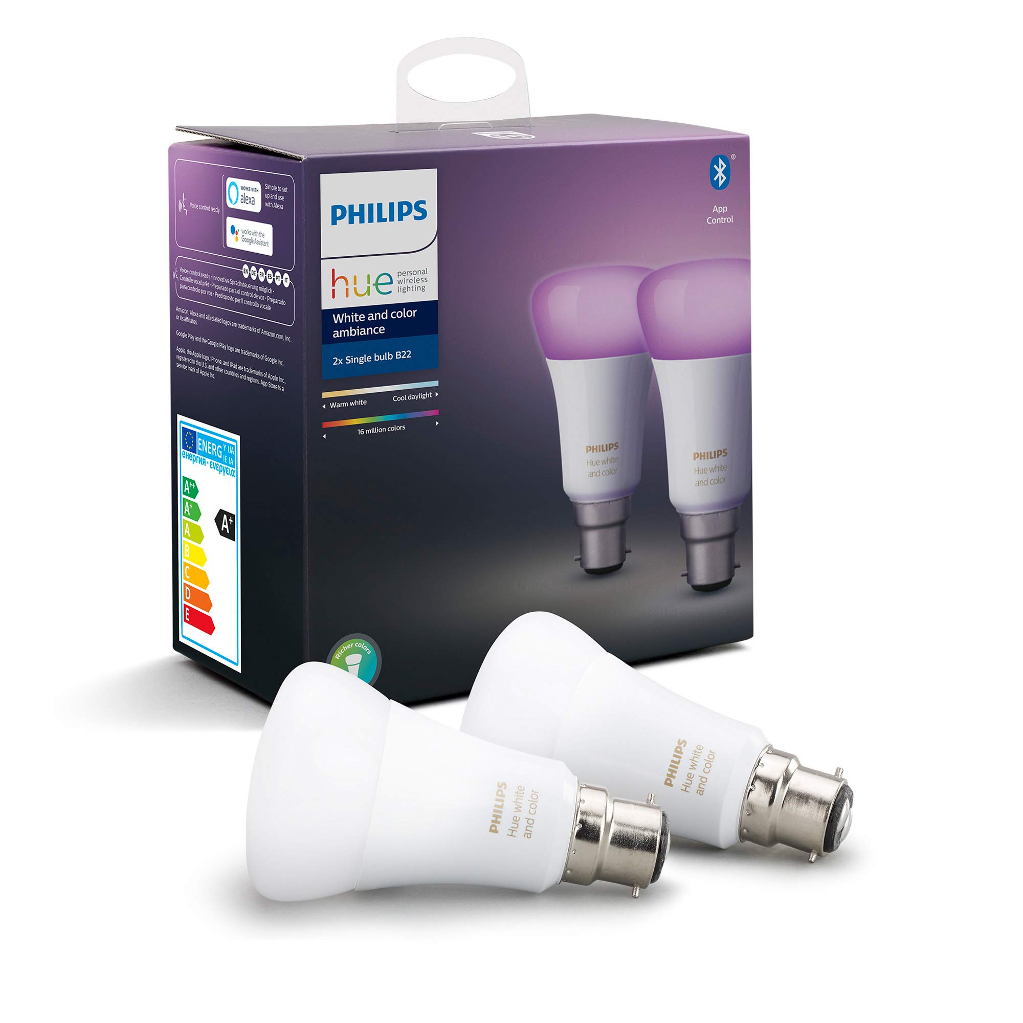 Philips Hue White and Colour Ambiance LED Smart Light Bulb 2 Pack [B22 Bayonet Cap] 60W Equivalent, with Bluetooth, Works with Alexa, Google Assistant and Apple Homekit.