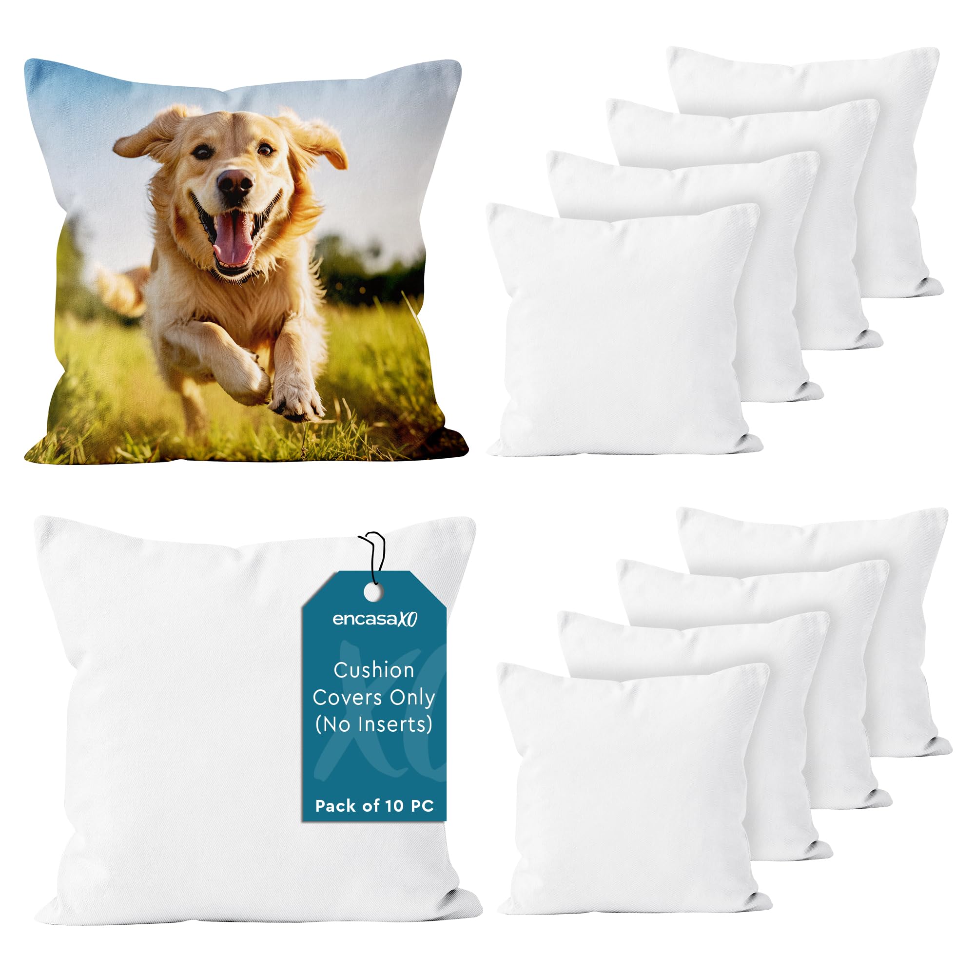 Encasa XO Throw Pillow Covers 16"x16" - Sublimation Blank White 10 pc Pack with Invisible Zipper - Soft Polyester Twill Cushion Cases, suitable for DIY, Digital Printing & Painting