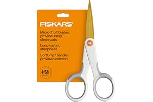 Fiskars Micro-Tip Scissors, Precision Cutting Shears, Titanium Blades & SoftGrip Handle for Intricate Cuts, 5”, White/Gray