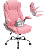 400lbs Executive Office Chair with Flip-Up Armrests, Big and Tall Computer Chair for Heavy People, Heavy Duty Ergonomic Comfy Chair, Breathable PU Leather (Pink)