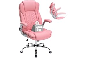 HESL 400lbs Executive Office Chair with Flip-Up Armrests, Big and Tall Computer Chair for Heavy People, Heavy Duty Ergonomic Comfy Chair, Breathable PU Leather (Pink)