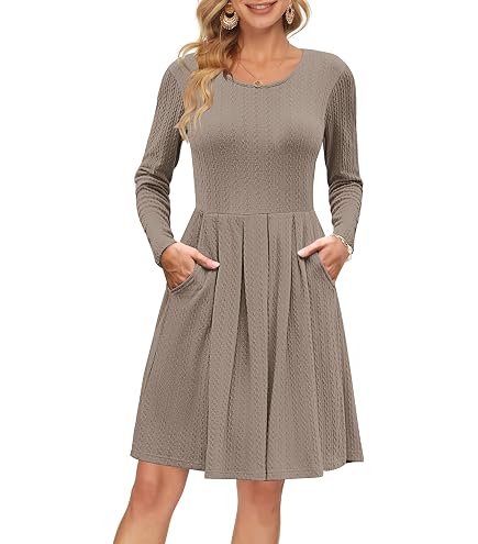 casual fall dresses 2025 AUSELILY Womens Long Sleeve Dress V Neck Tiered Swing Flowy A-line Mini Short with Pockets Beja Blue S at Amazon Women's Clothing store Spring Material Color:Gold & black NVSHP Christmas Jumper Dresses |