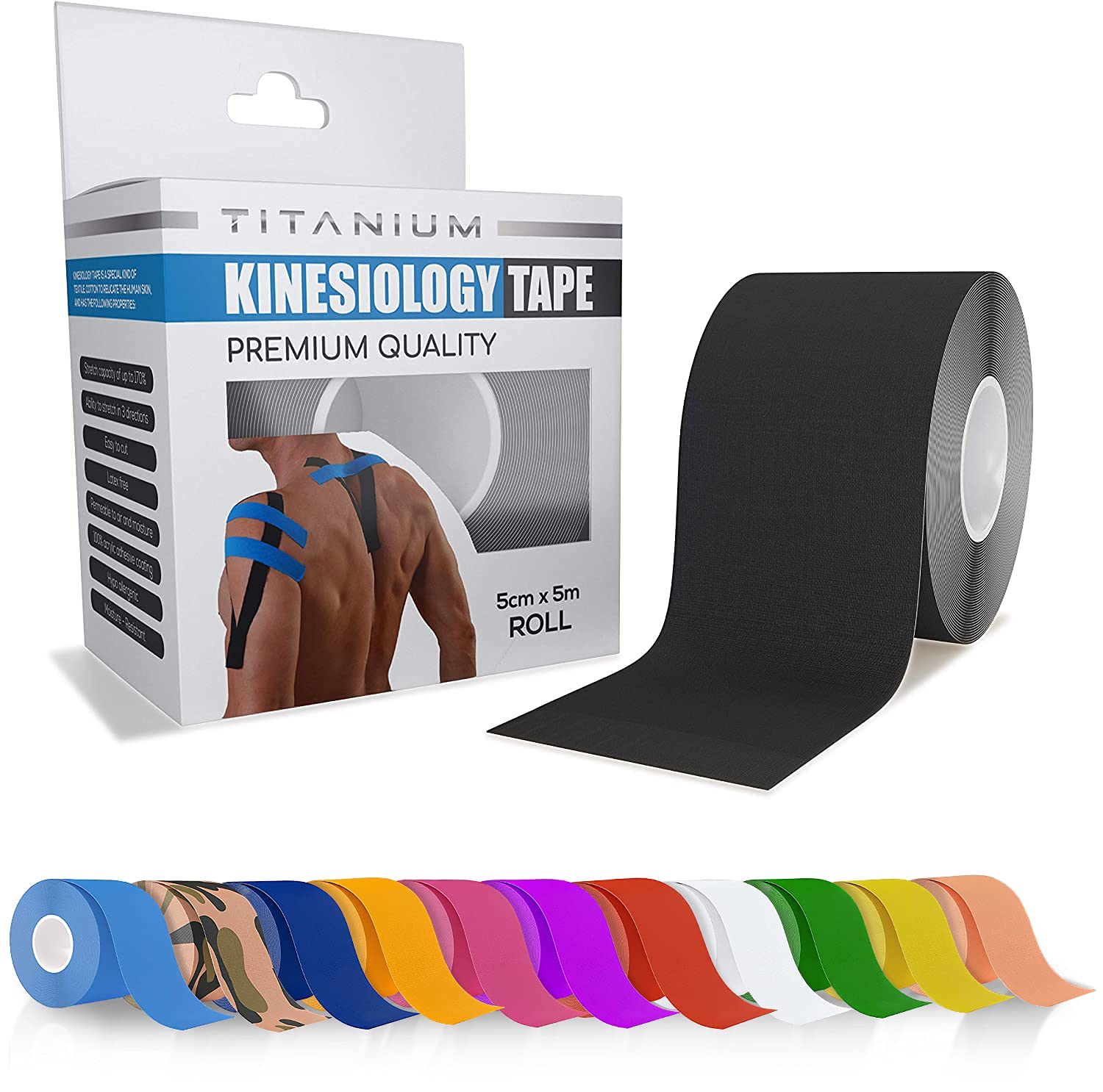 Titanium Sports Kinesiology Tape - 5m Roll of Elastic Water Resistant Tape for Support & Muscle Recovery - Quality Sports Tape