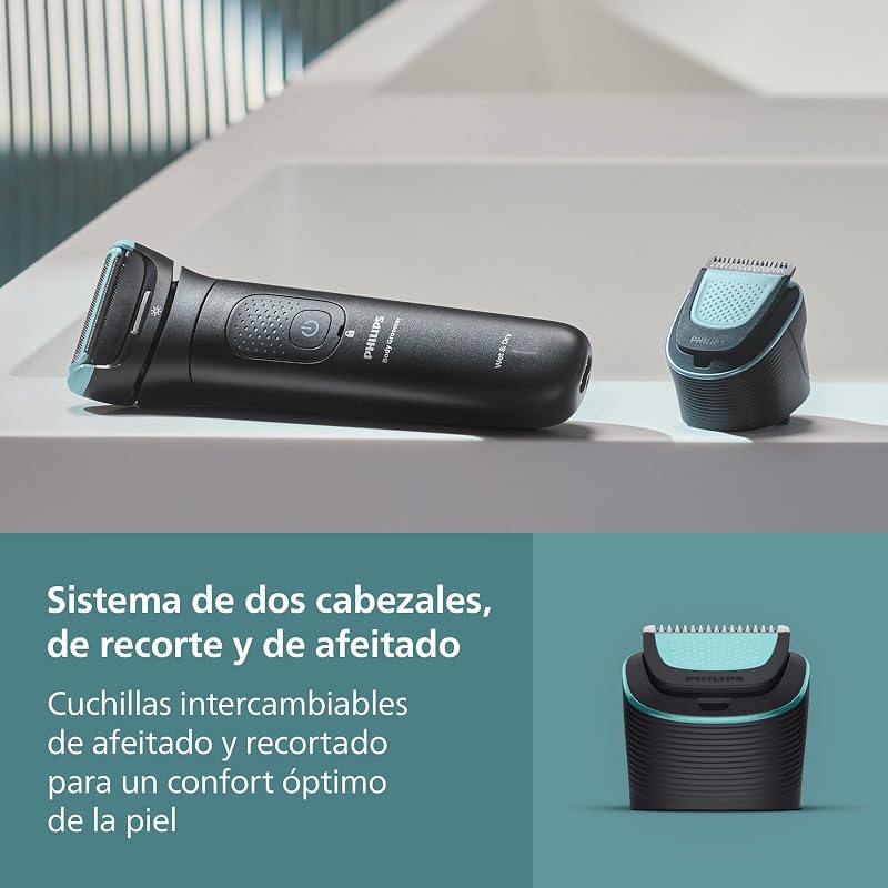Afeitadora Corporal S7000 - Recortadora para Hombre con Cabezal Pivotante Intercambiable 2D, Sistema Triple Protect, Apta para la Ducha y la Zona Íntima, 120 min. de Autonomía, BG7480/15
