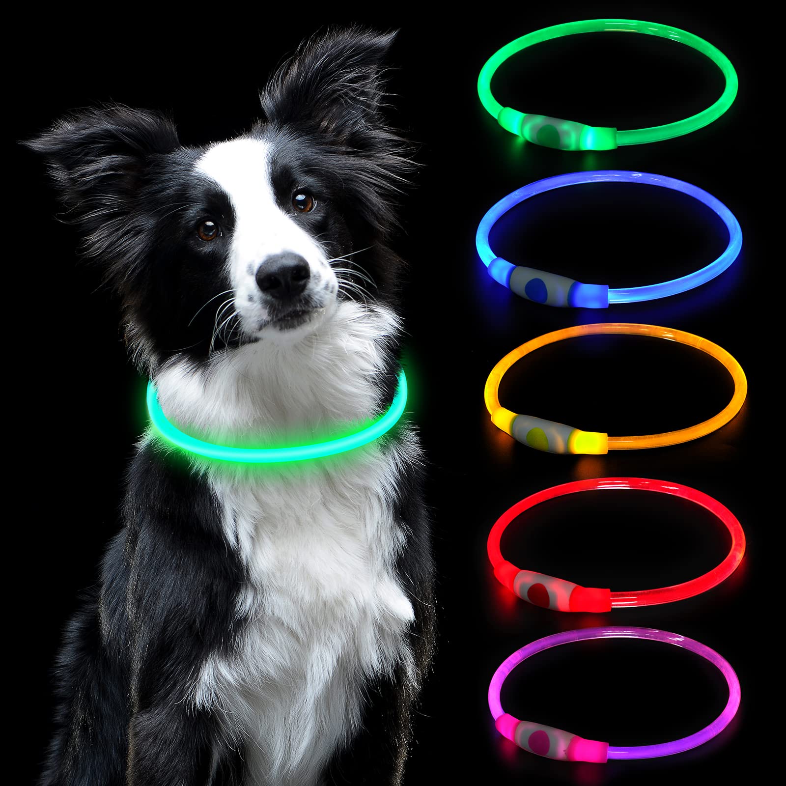 AUAUY LED Light Up Dog Collar, Pets Flashing Collar, Dog Collar Light for the Dark, USB Rechargeable Water Resistant Reflective Collar for the Can Arbitrarily Cut Collars Fits Any Cats and Dogs-Green — image 1