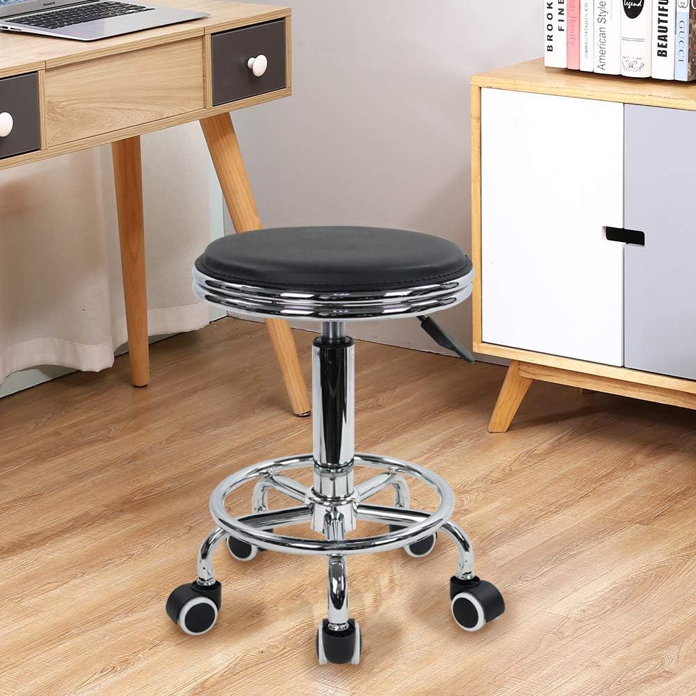 KKTONER Round Rolling Stool with Foot Rest PU Leather Height Adjustment Modern Industrial Metal Style Swivel Spa Salon Tattoo Work Massage Stools Small (Black): Kitchen & Dining