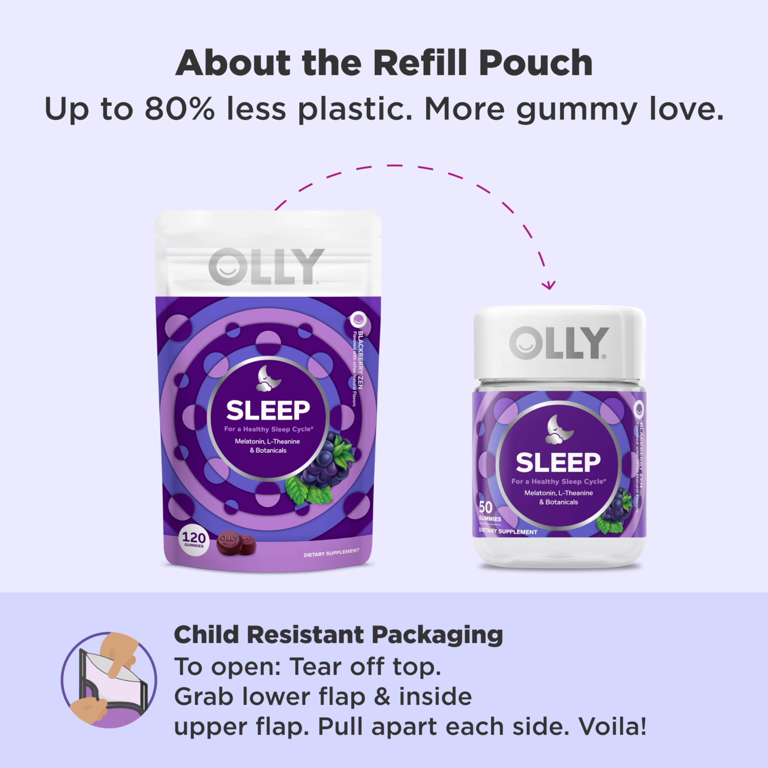 Olly Sleep Gummy, 3 mg Melatonin, L-Theanine, Chamomile, and Lemon Balm Extracts, BlackBerry Flavor, 60 Day Supply - 120 Count