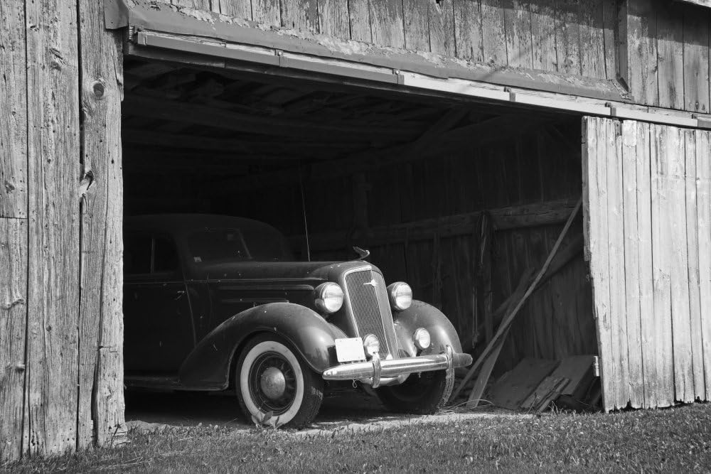 Amazon Com Black And White Image Of The Front Of An Antique Car Inside A Wooden Barn Frankford Ontario Canada Poster Print 38 X 24 Posters Prints
