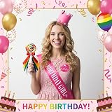 Yaomiao Hot Pink Birthday Sash Glitter Rose Pin Set Women Adult Party Decor view 7