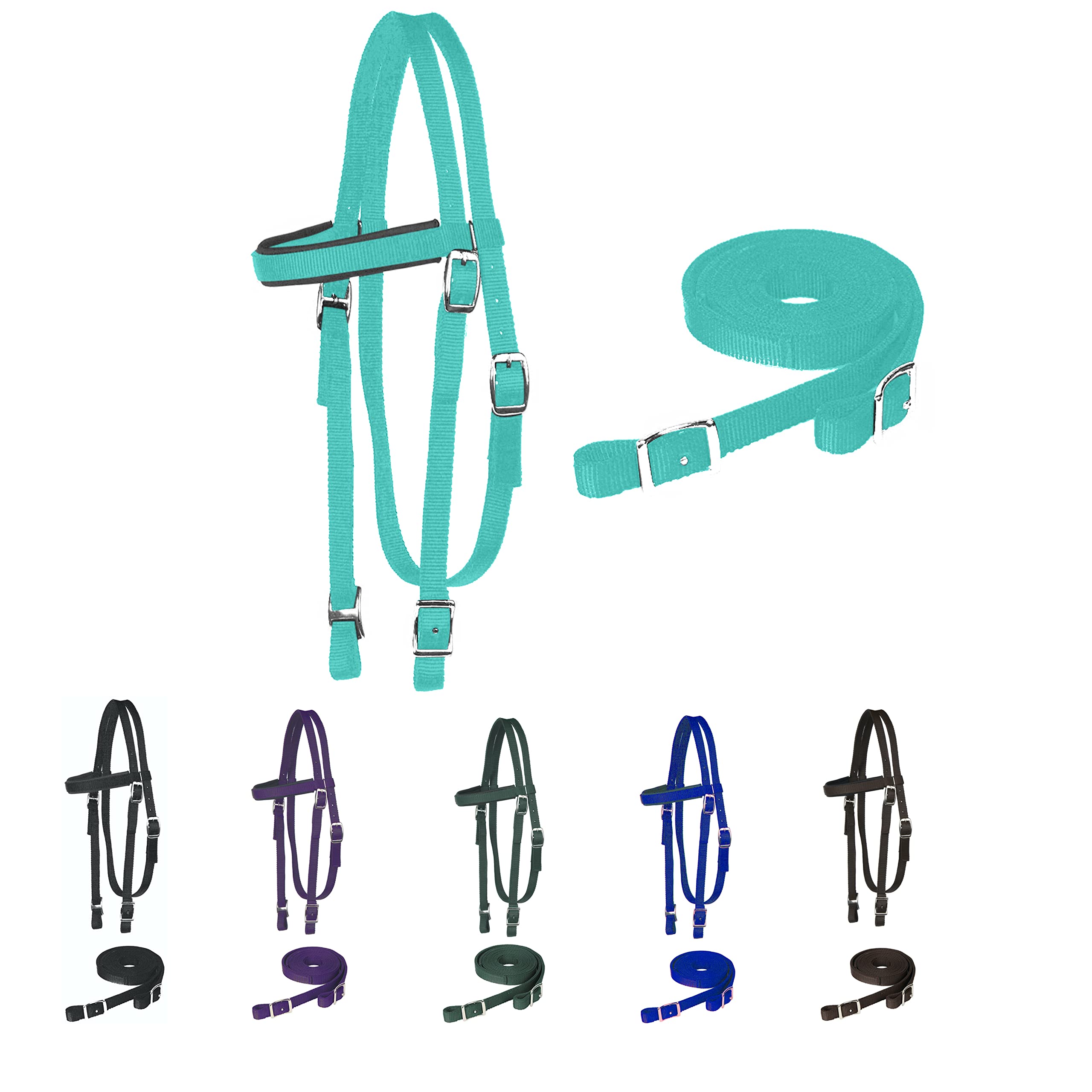 Majestic Ally Nylon Padded Browband Headstall with Reins for Horses (Turquoise, Full)