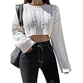 SHENHE Women's Cable Knit Cropped Sweater Crew Neck Long Sleeve Loose Sweater Pullover