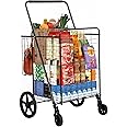 YITAHOME Jumbo Folding Shopping Cart with Wheels, Rolling Foldable Grocery Cart with Double Basket, Portable Collapsible Utility Cart for Shopping Groceries Laundry Storage Organizer