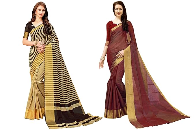 Womens Cotton Blend Saree With Blouse Piece (Pack of 2) (jari139black-jari138brown_Multicolored)