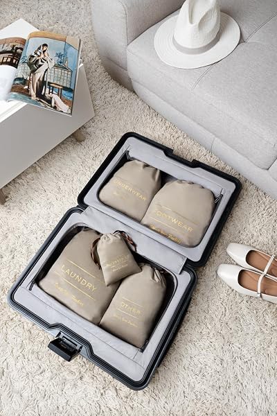 5 SET TRAVEL ORGANIZER BAGS | PACKING POUCHES | LUGGAGE ORGANIZERS | LABELED ORGANIZERS FOR SUITCASE | TRAVEL PACKING BAGS FOR UNDERWEAR, SHOES, LAUNDRY, ACCESSORIES | ORGANIZERS WITH DRAWSTRINGS