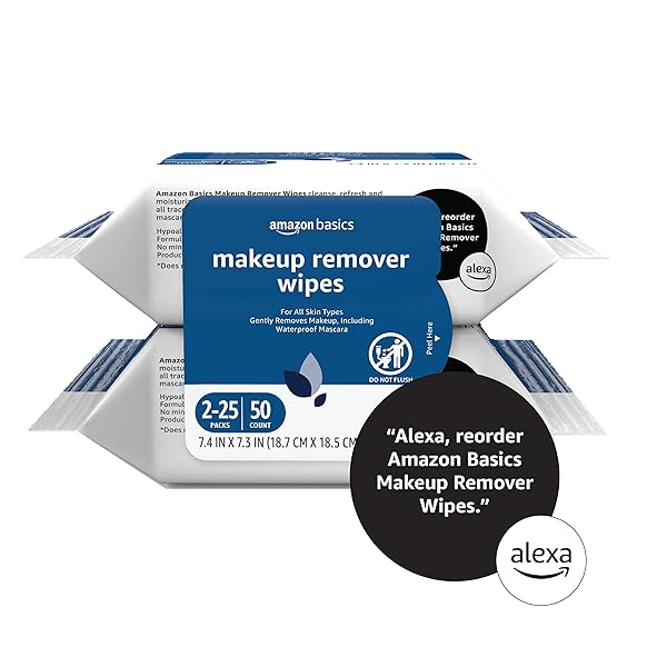 AMAZON BASICS MAKEUP REMOVER WIPES, GENTLE CLEANSING, DERMATOLOGIST TESTED, PH-BALANCED, PLANT BASED, ALCOHOL-FREE, REMOVES WATERPROOF MASCARA, 25 COUNT, 2-PACK