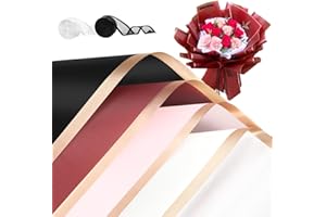 ZORRITA 20 Sheets Flower Bouquet Wrapping Paper, Waterproof Flower Wrapping Paper with Ribbons Floral Paper Florist Supplies, 22.8 x 22.8 inch (White, Black, Red, Pink)