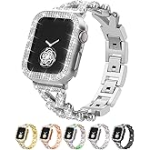 Rhinestones Encrusted Metal Bracelet and Case, Compatible with Apple Watch Bands 38mm-49mm (Series 10/1/SE/Ultra 2)- Bling Gold Women's Jewelry Strap, Luxury iWatch Bracelet with Screen Protector