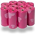 Best Pet Supplies Dog Poop Bags (150 Bags) for Waste Refuse Cleanup, Doggy Roll Replacements for Outdoor Puppy Walking and Travel, Leak Proof and Tear Resistant, Thick Plastic - Pink Heart