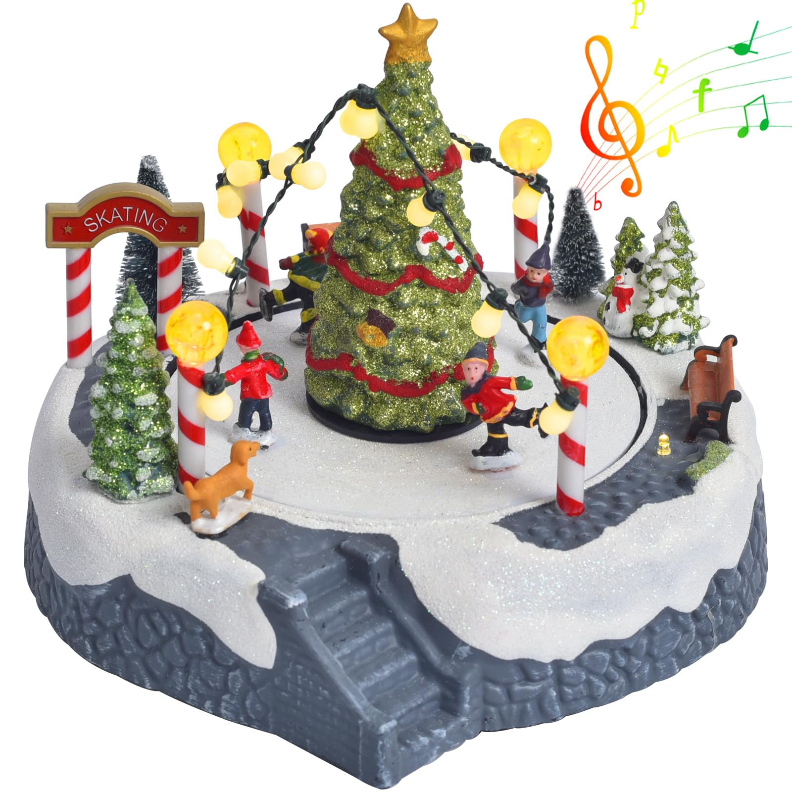 Photo 1 of Christmas Village Ice Skating Pond Animated Decorations, Lighted Musical Winter Snow Village House Rink Building Figurine with Skaters Santa Sleigh and Reindeer, LED Light Up Holiday Indoor Town Decor