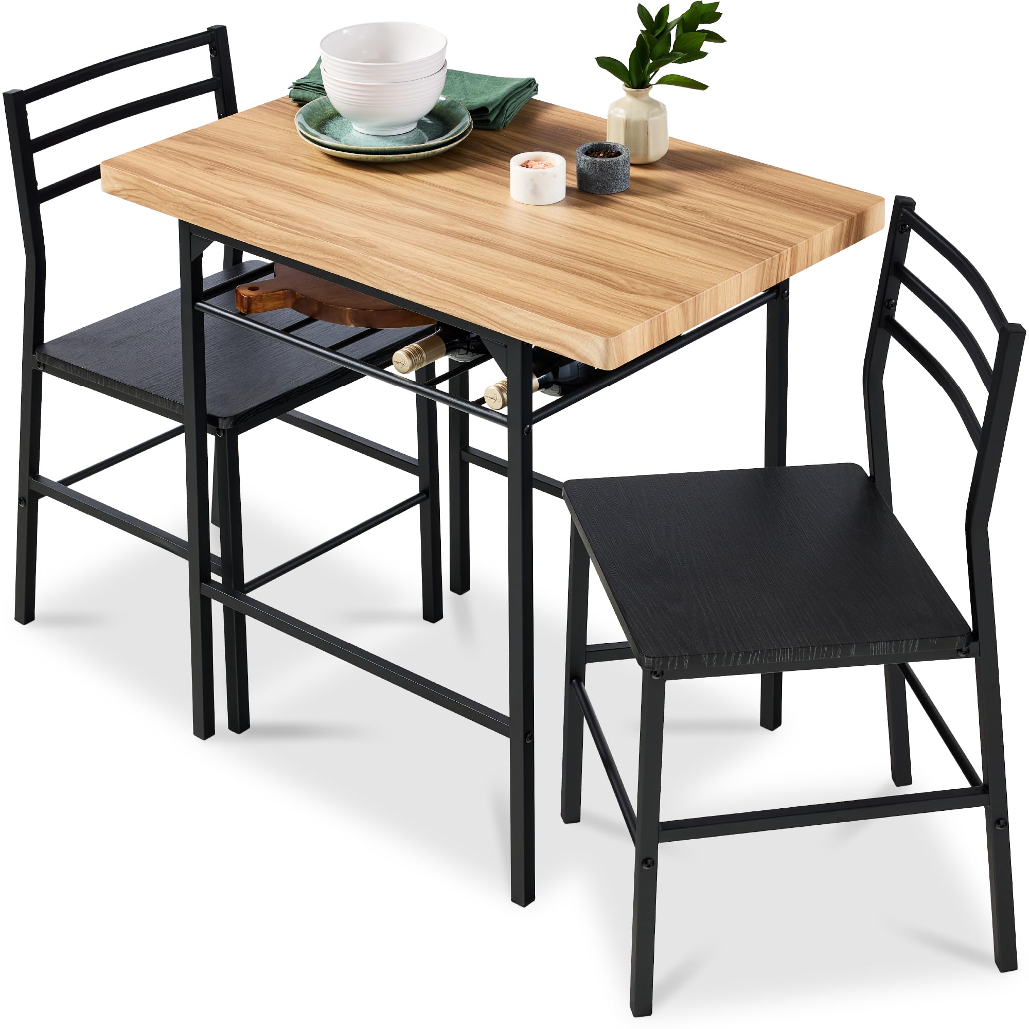 Best Choice Products 3-Piece Modern Dining Set, Space Saving Dinette for Kitchen, Dining Room, Small Space w/Steel Frame, Built-in Storage Rack - Oak/Black Image