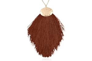 RIAH FASHION Antique Bohemian Silky Thread Fan Tassel Statement Necklace - Vintage Gold Feather Shape Strand Fringe Lightweight Long Chain