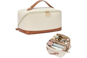 Telena Leather Make Up Bag Portable Travel Makeup Bag Waterproof Cosmetic Bags for Women Large Capacity With Handle and Divider Open Flat