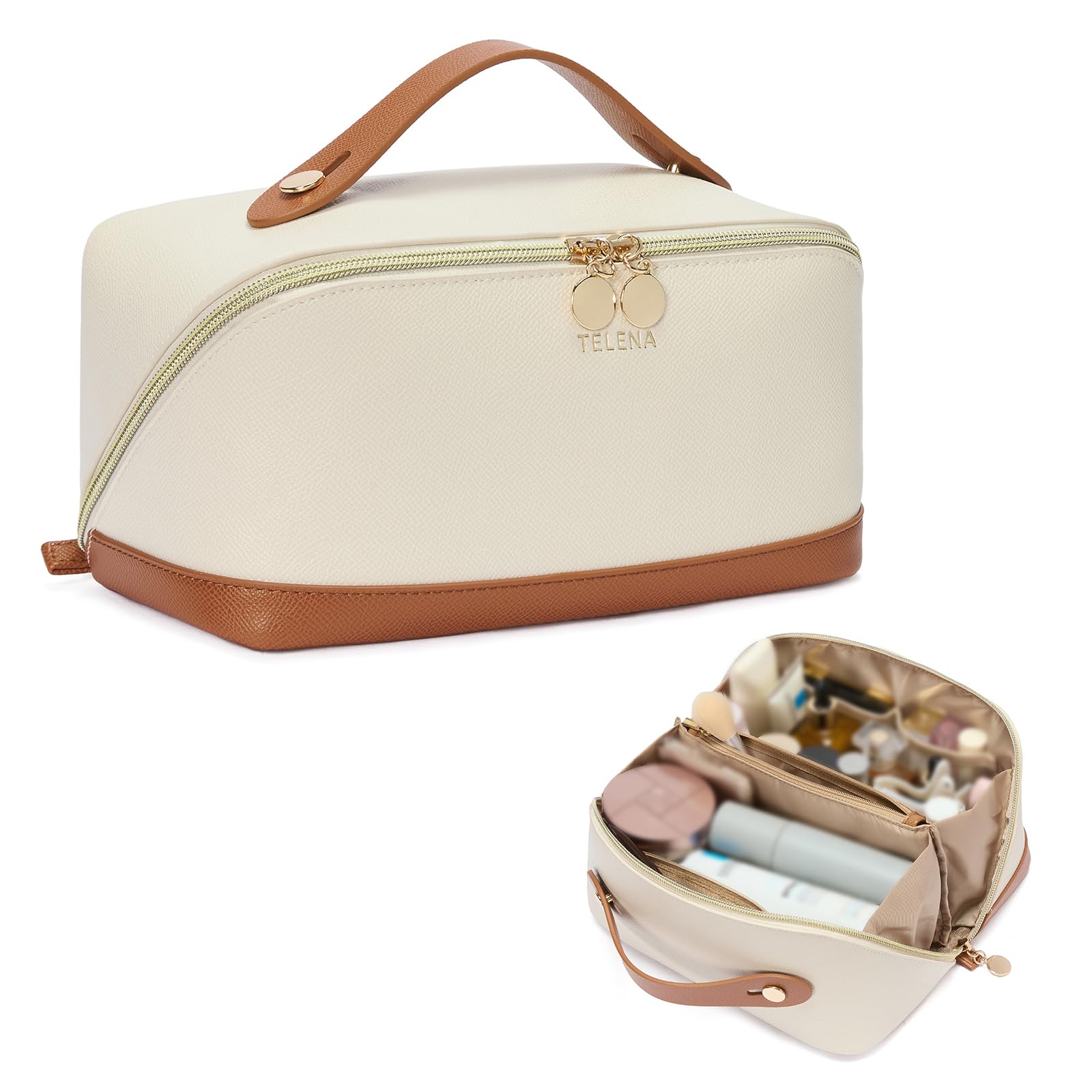 Telena Leather make up bag Large Capacity travel makeup bag cosmetic bag with Handle and Divider Open Flat