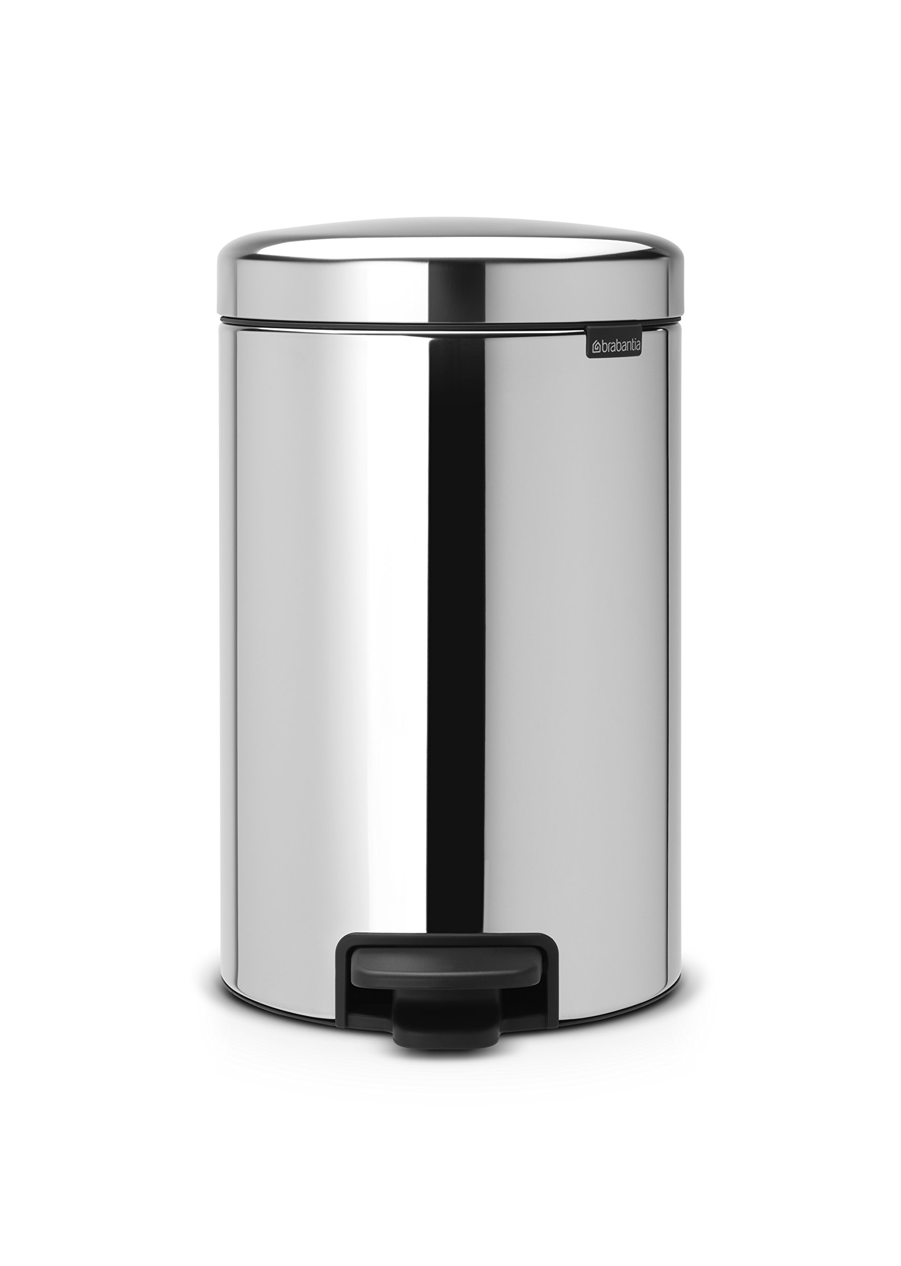 Brabantia NewIcon Pedal Bin 12L (Brilliant Steel) Soft-Closure Rubbish Waste Bin, Removable Inner Bucket + Free Bin Bags