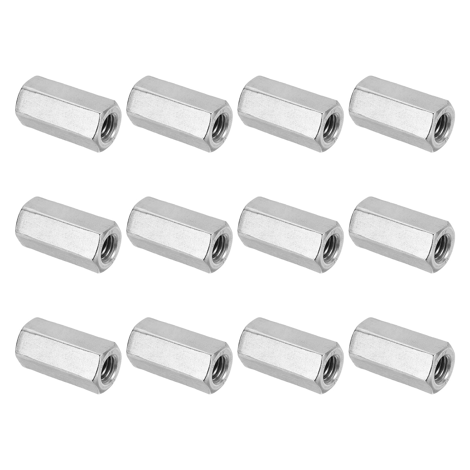 PATIKIL M10 x 1.5-Pitch 304 Stainless Steel Hex Coupling Nuts, 12Pcs 35mm/ 1.4" Length Coarse Fully Threaded Rod Coupling Nut Studding Connector Fasteners, Silver Tone