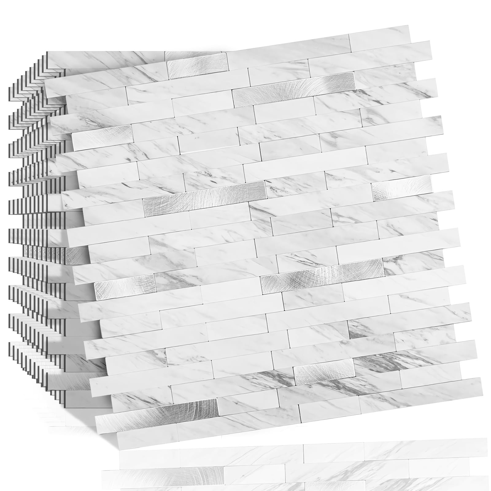 Photo 1 of 10 Sheets Peel and Stick Backsplash Tile, Stick on Backsplash for Kitchen and Bathroom, White Marble Look PVC Mixed Metal Silver Self Adhesive Wall Tiles