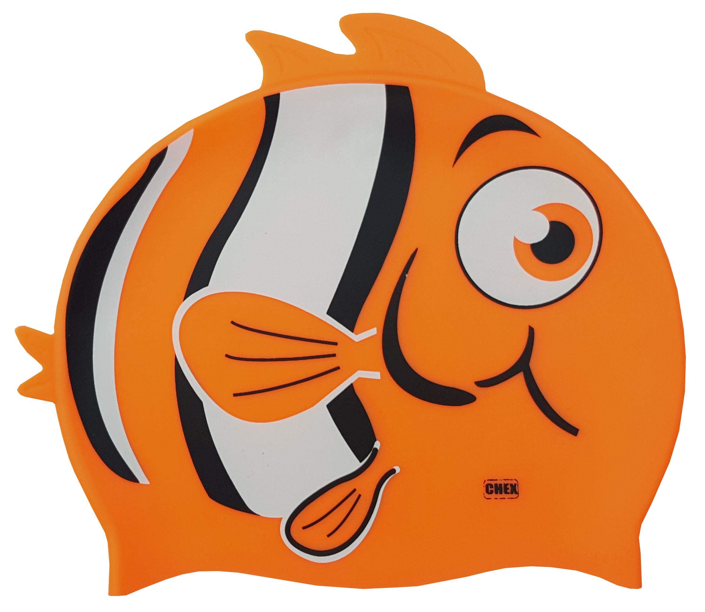 CHEX Stretchy Silicone Unisex Girls Boys 3-7 Years One Piece Swimming Hat Swim Cap Stripey Fish Double Fin Print Design One Size Pull On Swim Hat (Orange)