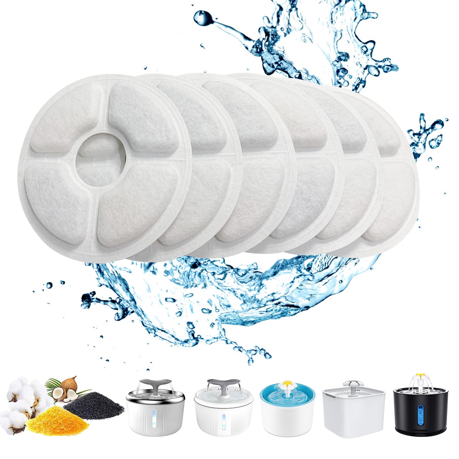 PewinGo Cat Water Fountain Filters, (6PCS) for 2-2.5L Cat Water Fountain, Triple Action with Urinary System Protective Resin, Acticated Carbon and Natural Coconut Shell Cotton