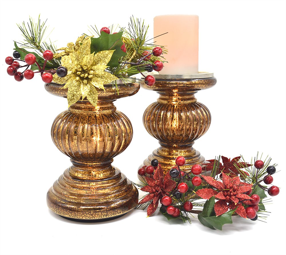 Dolucky Set/2 Lit Candle Holder Pedestal with Timer, Ribbed Mercury Glass Candle Holder with LED inside for Home Decoration - Chocolate