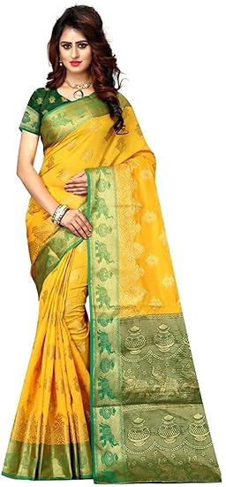 Shoppershopee Kanjivarm Banarasi Silk Saree yellow (Set of 2)
