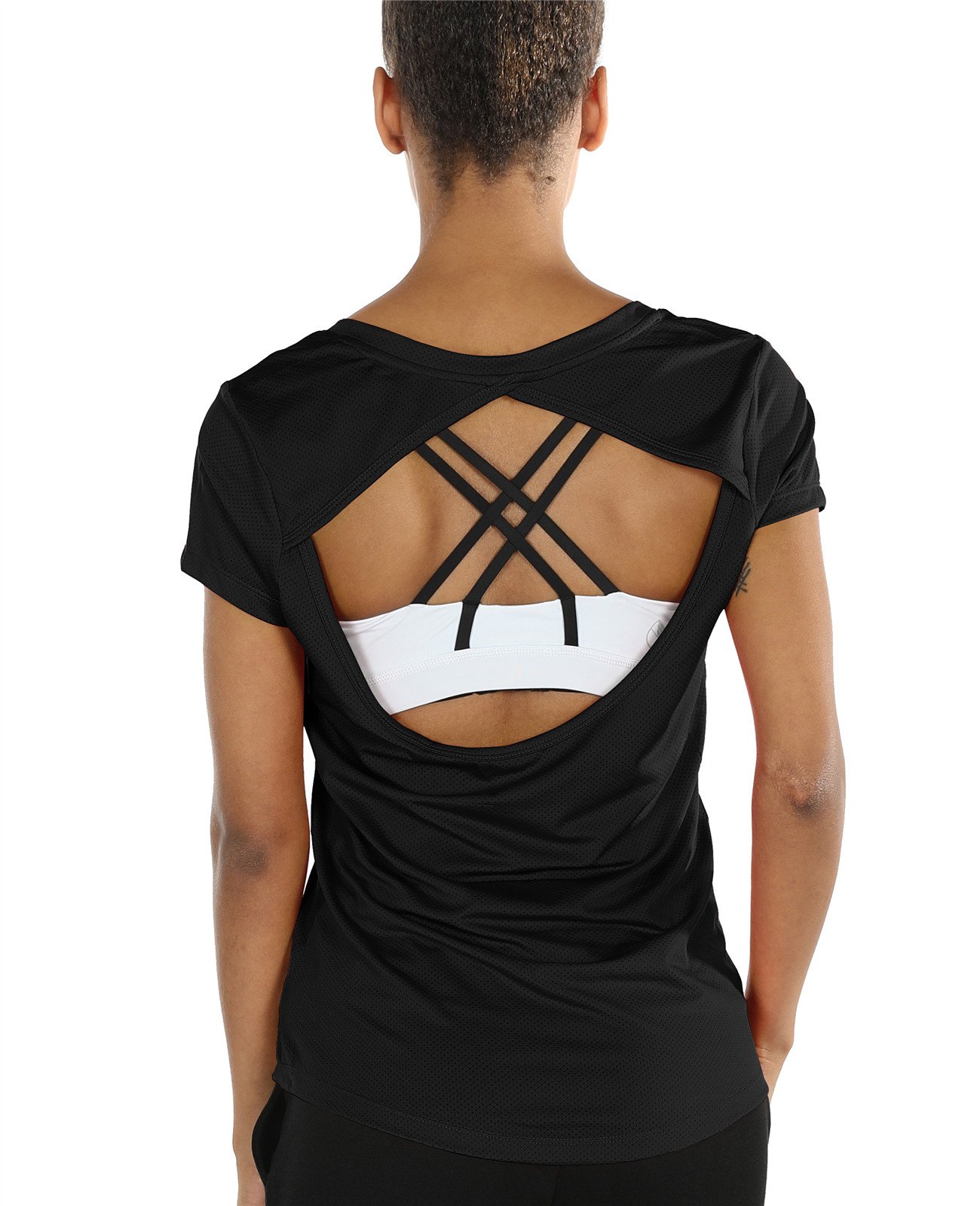 icyZone Activewear Fitness Yoga Tops Workout V Neck Open Back T-Shirts for Women (S, Black)