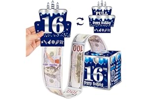 Turypaty Sweet 16th Birthday Pull-Out Money Gift Box for Boys Girls - Blue Sliver Happy 16th Birthday Party Cash Gift Box with Pull-Out Card - A Fun and Loving Way to Offer Cash Present