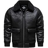 HOOD CREW Men's Faux Leather Motorcycle Jacket Men Bomber Jacket Warm Sherpa Fleece Lined Winter Coat Aviator Flight Jackets