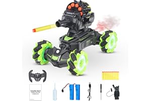 BOKSIYUR Rc Car Shoot SoftBullet,Fits for Nerf, Remote Control Hand Gesture Stunt Drift Truck, 360°Rotating Battle Tanks with Soft Bullets Water Bomb, Spray, Music, Led, Toy Gifts（Green）