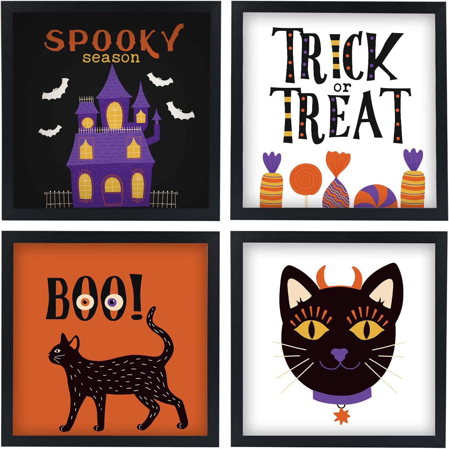 Wall Décor - ArtbyHannah Framed Halloween Wall Art, Halloween Wall decorations indoor Wall Decor for Living Room Bathroom Office,10x10 Black Frames,Set of 4 (Offer extra 2 set prints)