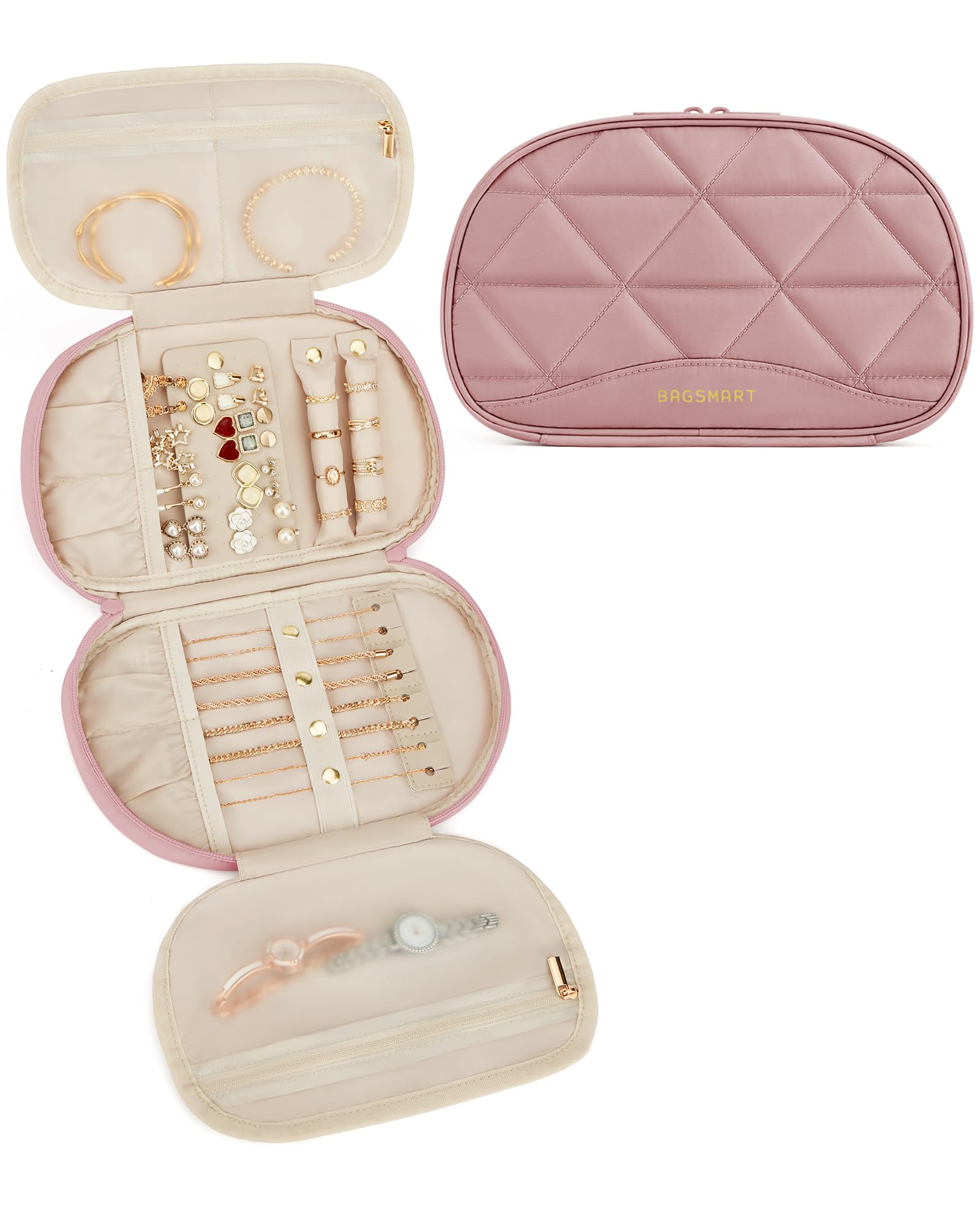 Photo 1 of **DIRTY** BAGSMART Travel Jewelry Case Jewelry Organizer Storage Roll Rings Necklaces Earrings Bracelets Brooches Watch Large Portable Dark Pink