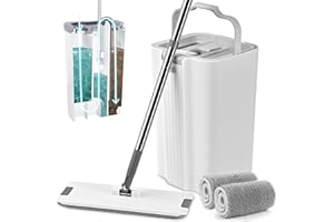 LIVINGbasics Self-Wash Flat Mop and Bucket Set - 2 Reusable Refills, Lightweight Floor Cleaning System for Hardwood Tile Lami