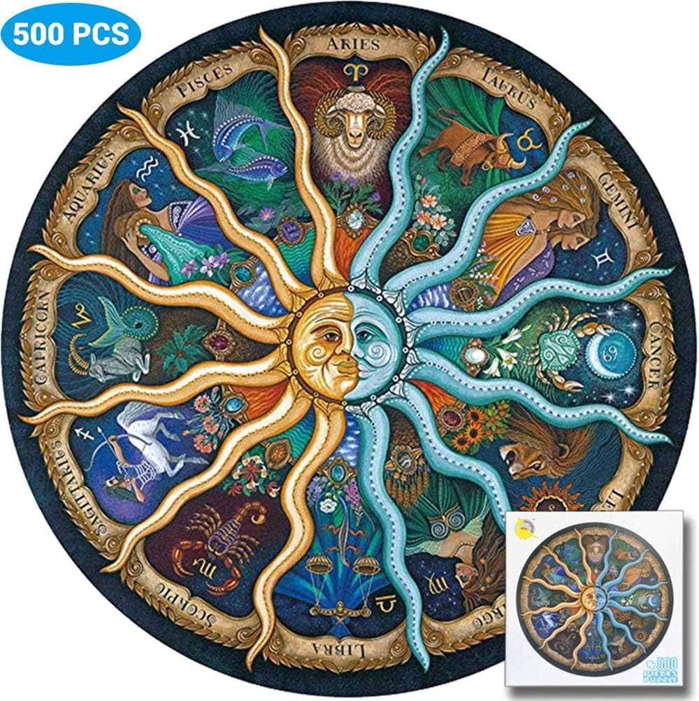 barsku Round Jigsaw Puzzle 500 Piece for Adults- Zodiac Horoscope Puzzle- DIY Constellation Circular Jigsaw Puzzles Cool and Challenge