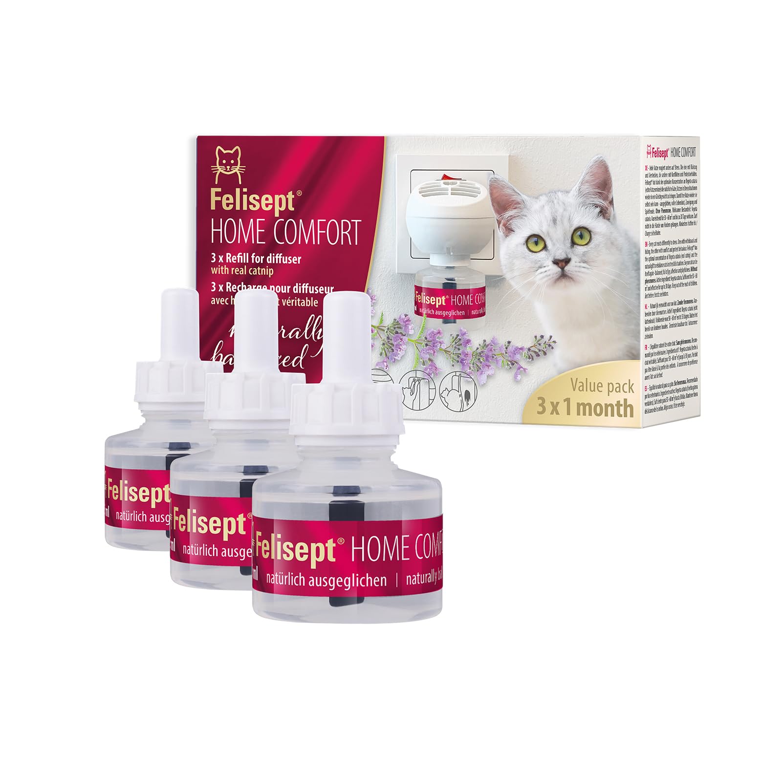 Felisept Home Comfort Cat Calming Refill 3 x 45ml - With natural catnip & no pheromone cat - Cat plug in calmer - Reduce undesirable behaviour & stress