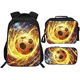 Klymax Football Backpack Soccer Sports Kids Schoolbag with Lunch Box Bag Pencil Bag 3pcs Bookbag Sets for Boys Girls