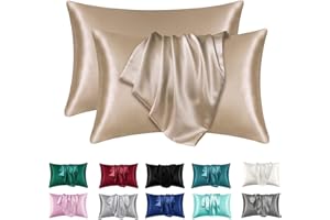 LXMGED Satin Silk Pillowcases for Skin and Hair,Set of 2 Satin Pillow Cases for Women with Envelope Closure,Soft Breathable Smooth Cooling Silk Pillow Covers for Gifts，Champagne，Standard (20" x 26")